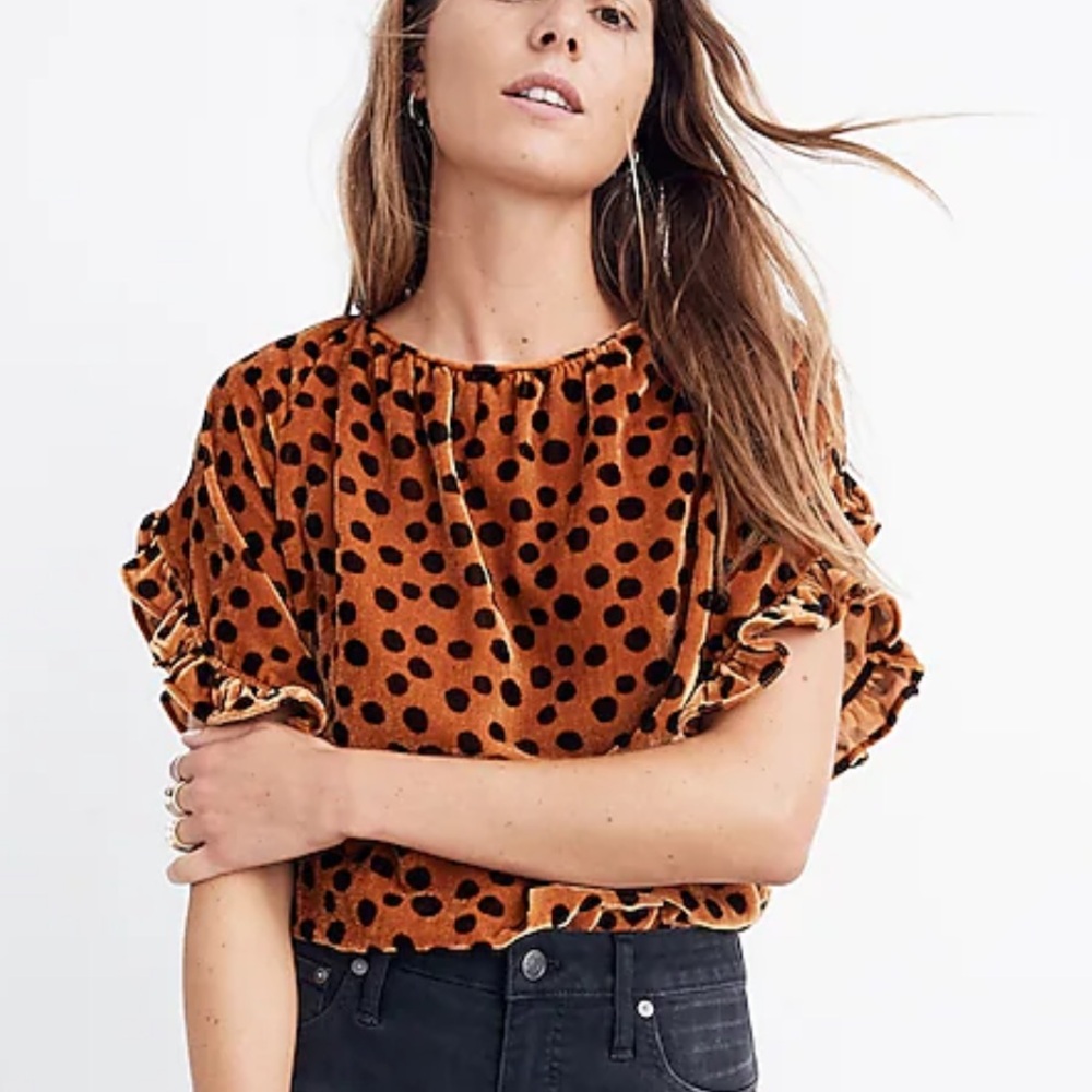 Madewell Velvet Memento Ruffle-Sleeve Top in‎ Leopard Dot Sz XXS (NWOT)